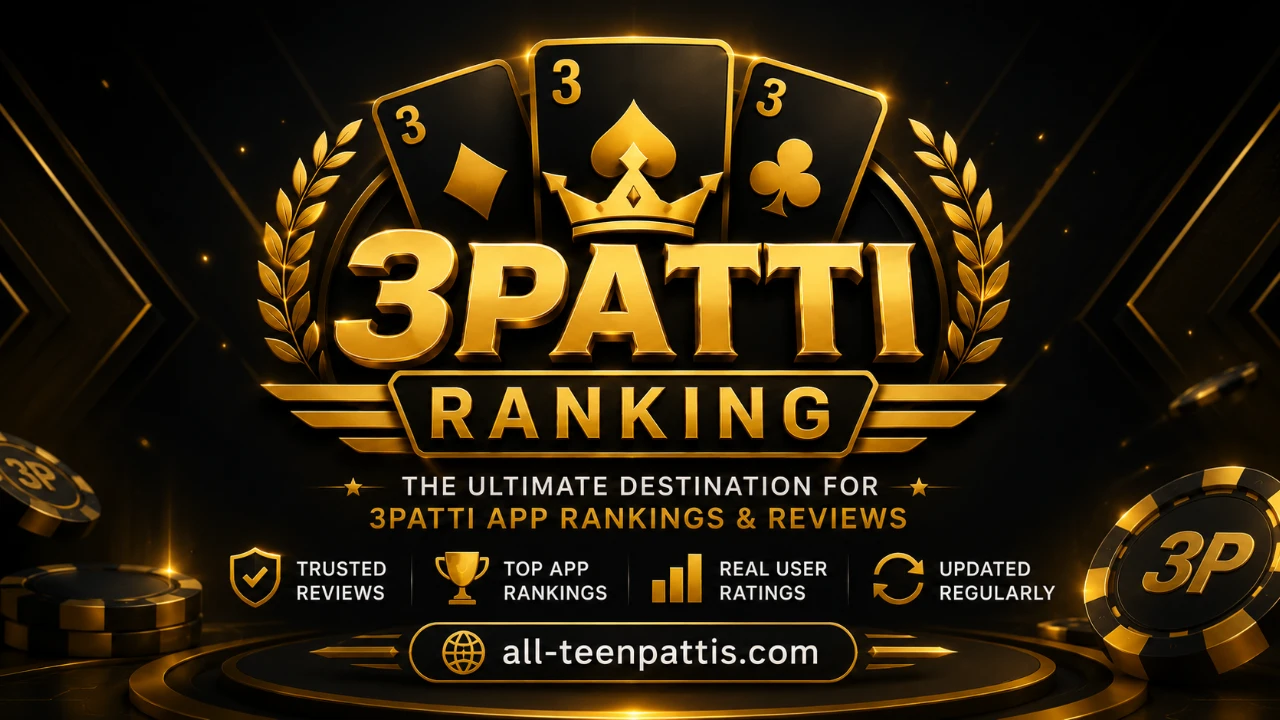 All Teen Pattis Rank banner with high-contrast Teen Patti rows, amber VIP highlights, and mobile-first dark chrome